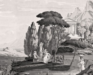 Panoramatapete Landschaft des Telemachos auf der Insel der Kalypso, monochrom. 1818