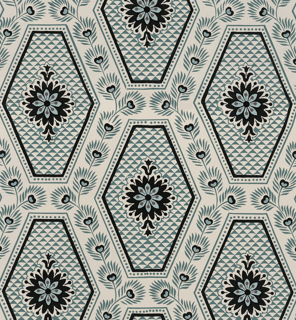 Decorative wallpaper green blue diamonds . 1805