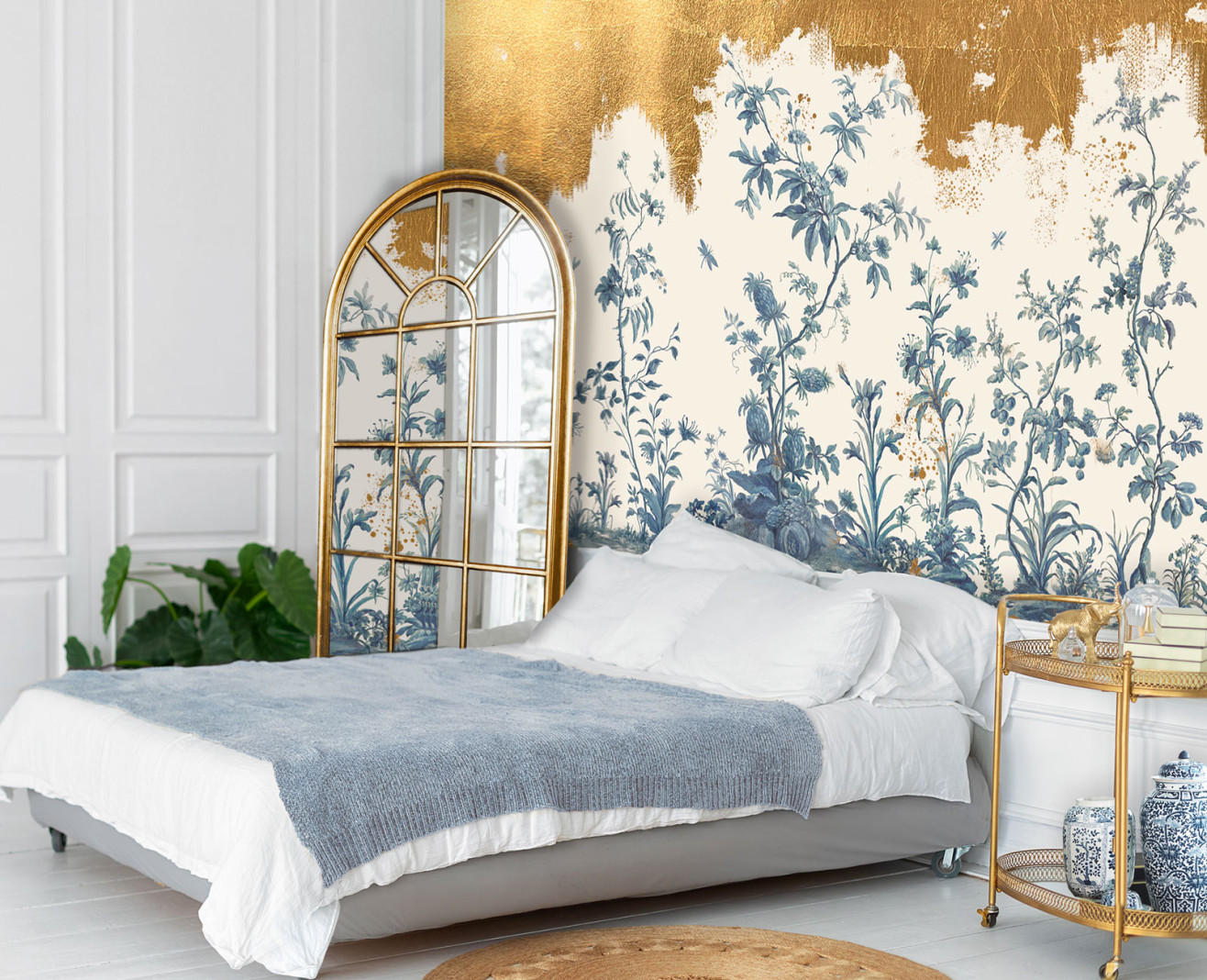 Yellow gold leaf panoramic wallpaper Art of garden . 1895