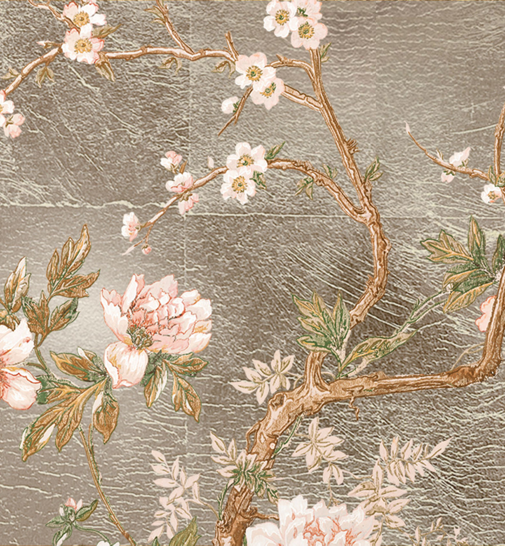 Pale gold leaf panoramic wallpaper japanese decor . 1889