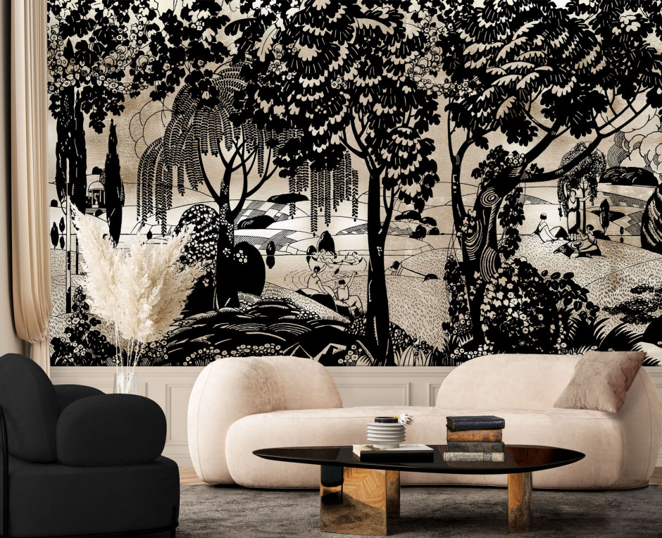 Pale gold leaf panoramic wallpaper ebony Orpheus garden . 1925
