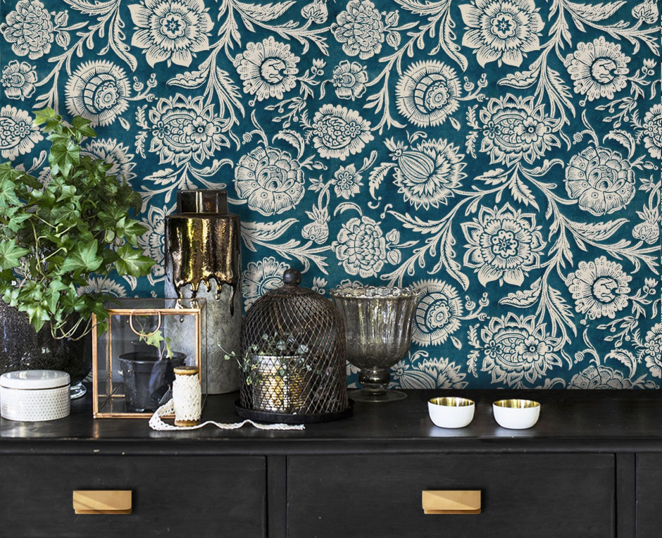 Domino wallpaper peacock blue peonies . 1810