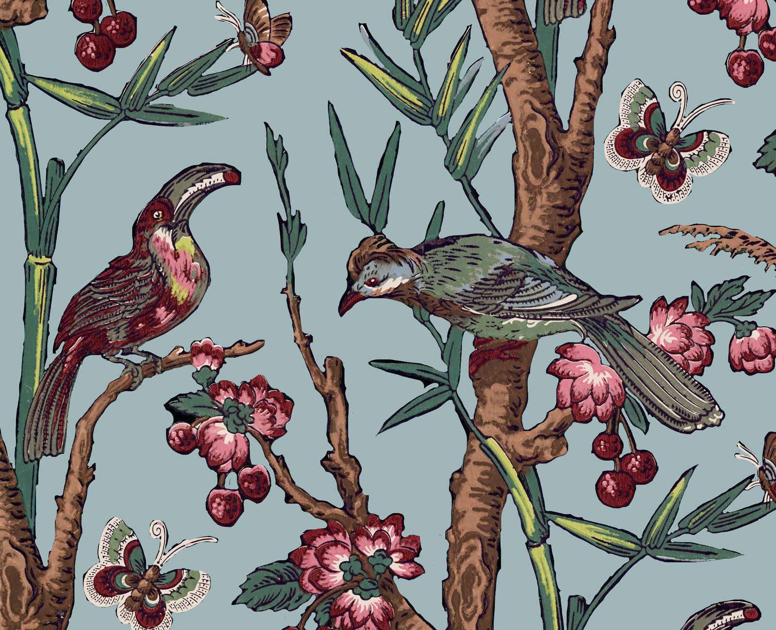 Wallpaper - Celadon blue chinoiseries | Birds and flowers