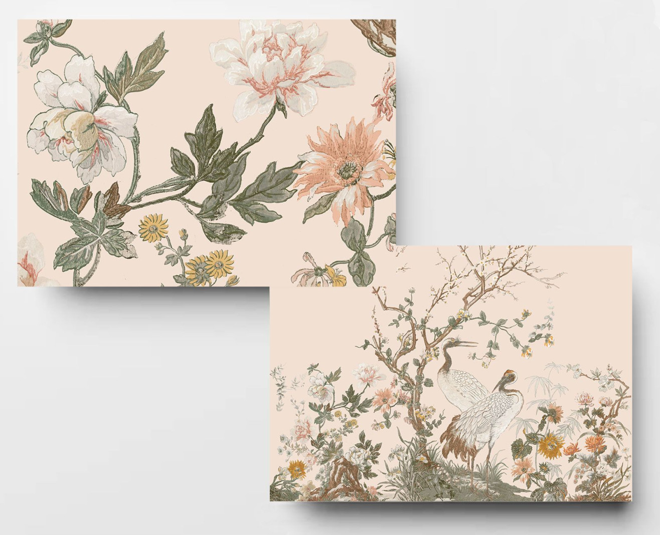 Panoramic wallpaper pink beige japanese cranes . 1889