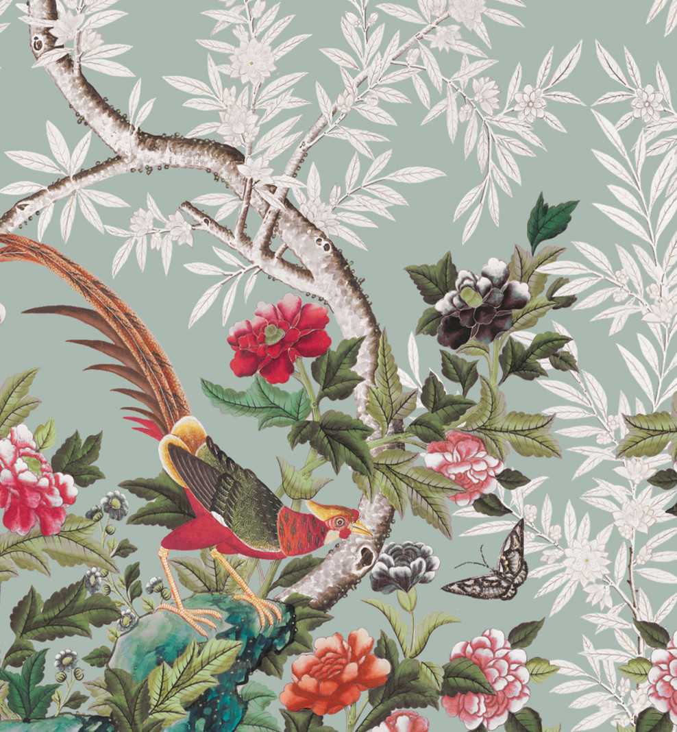 Papier peint chinois Faisan bleu gris . 1800-1830