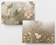 Pale gold leaf panoramic wallpaper japanese cranes . 1889