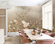 Pale gold leaf panoramic wallpaper japanese cranes . 1889
