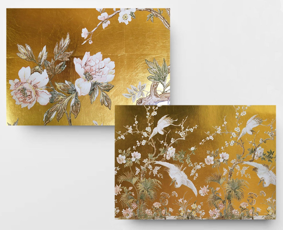 Yellow gold leaf panoramic wallpaper - Plum blossoms | Japanese decor