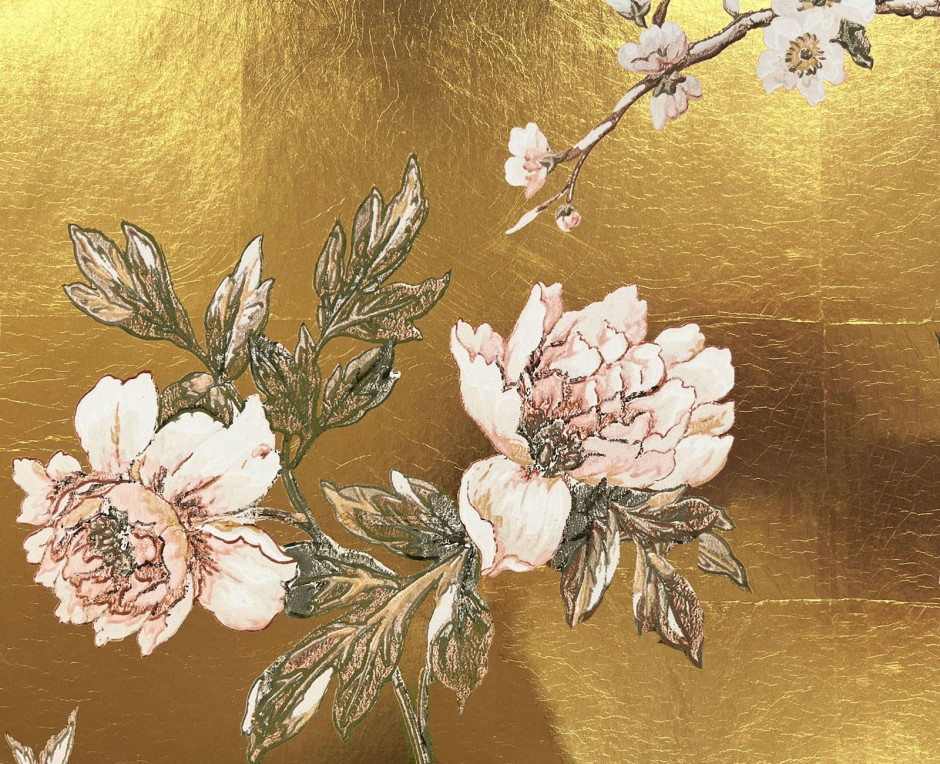 Yellow gold leaf panoramic wallpaper - Plum blossoms | Japanese decor