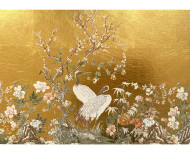 Papier peint panoramique à la feuille d'or jaune Grues japonaises . 1889