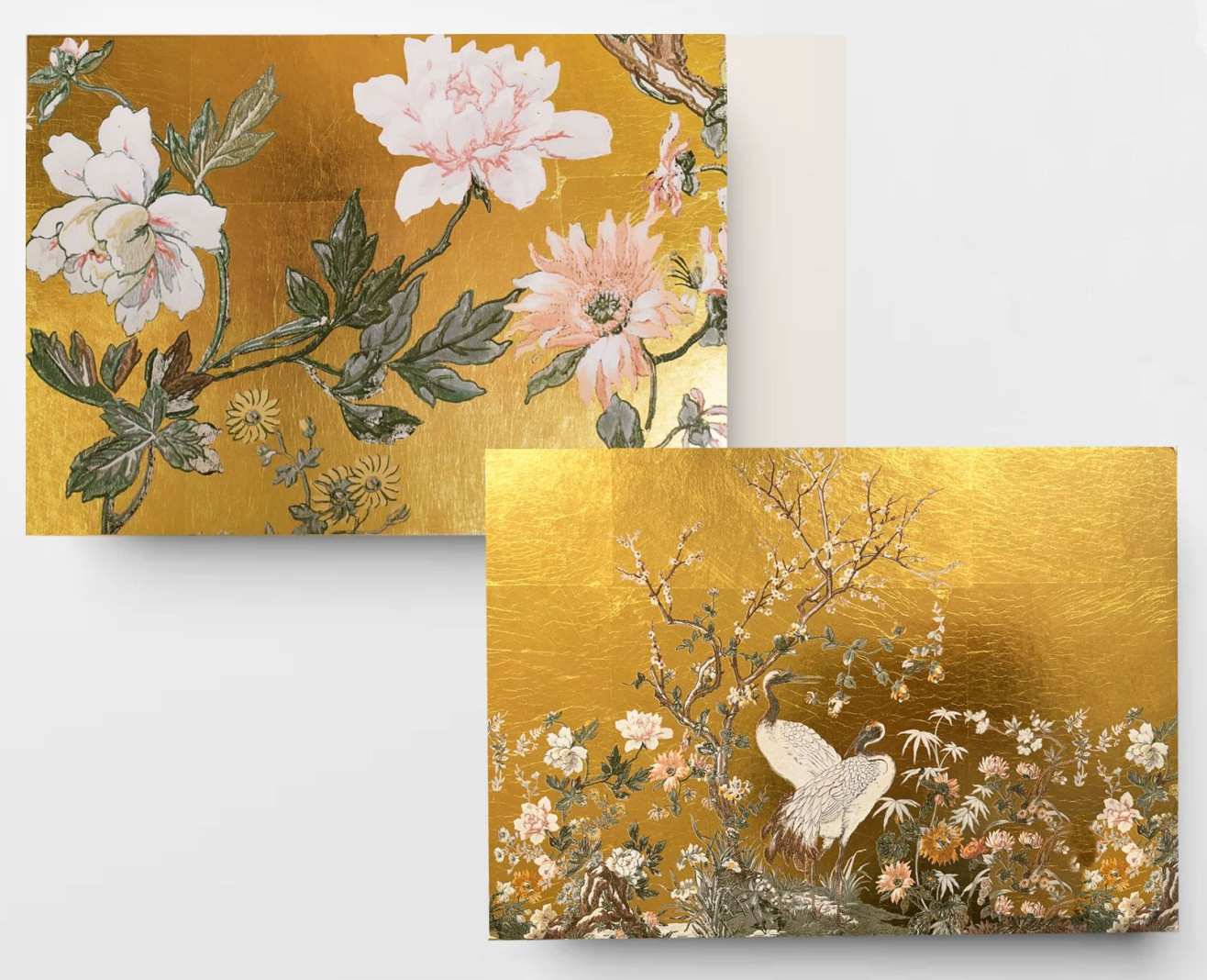 Papier peint panoramique à la feuille d'or jaune Grues japonaises . 1889
