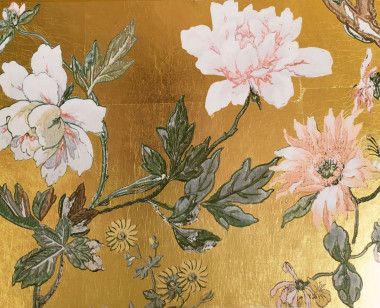 Yellow gold leaf panoramic wallpaper japanese cranes . 1889