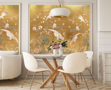 Yellow gold leaf panoramic wallpaper Plum blossoms . 1889