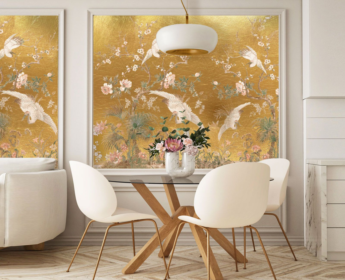 Yellow gold leaf panoramic wallpaper Plum blossoms . 1889