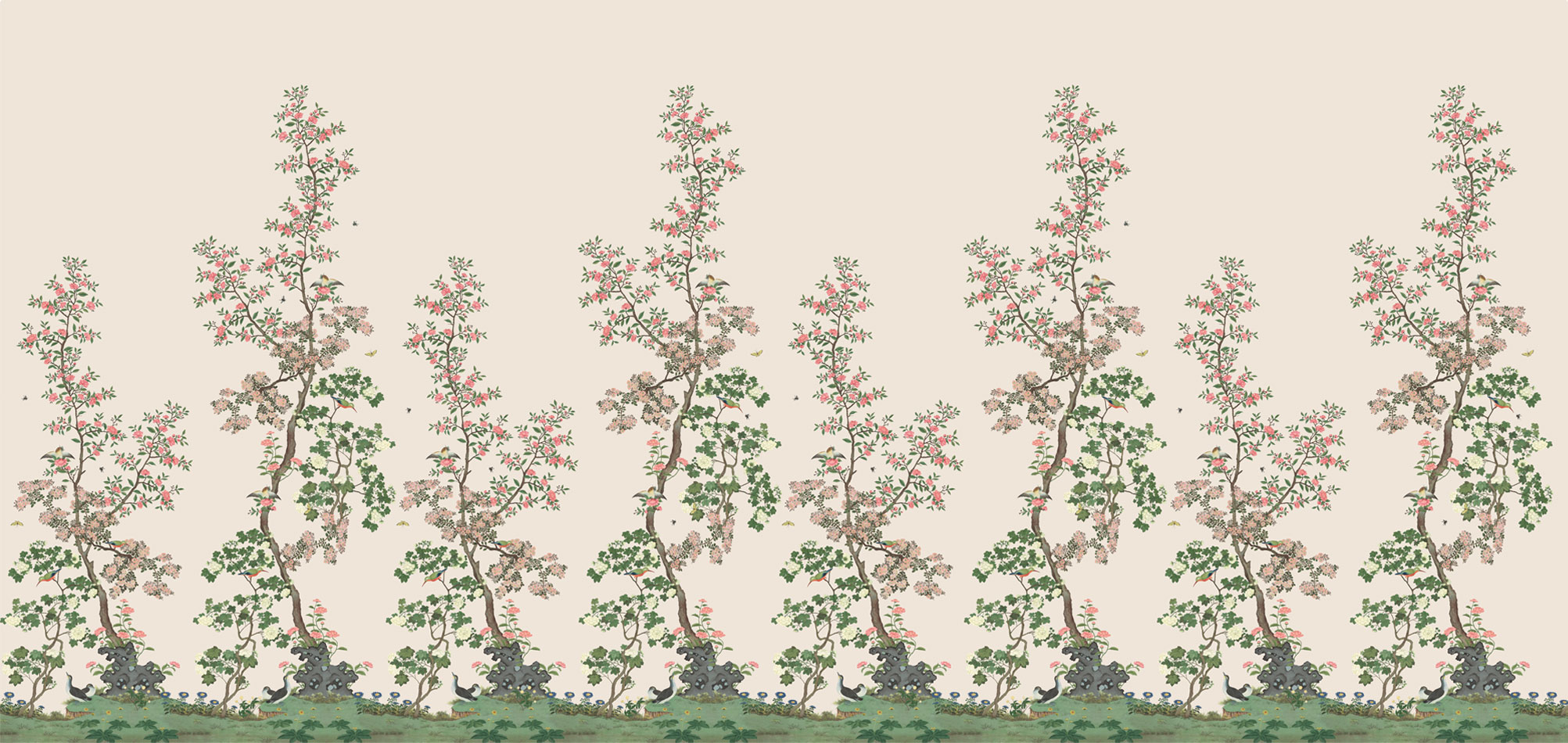 Chinese Wallpaper - Camellia cream | Branches, birds, fruits and insects